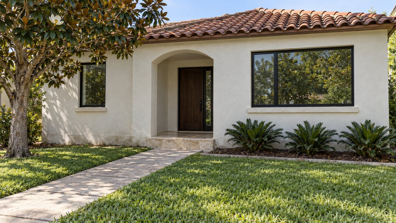 A white stucco home with a terracotta roof, recessed arched entrance and black-framed windows beyond a sunlit lawn and concrete walk.