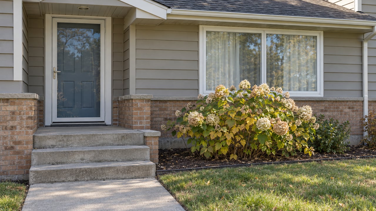 Greige split-level home entry with a blue door, concrete steps and an autumn hydrangea beside a broad window.