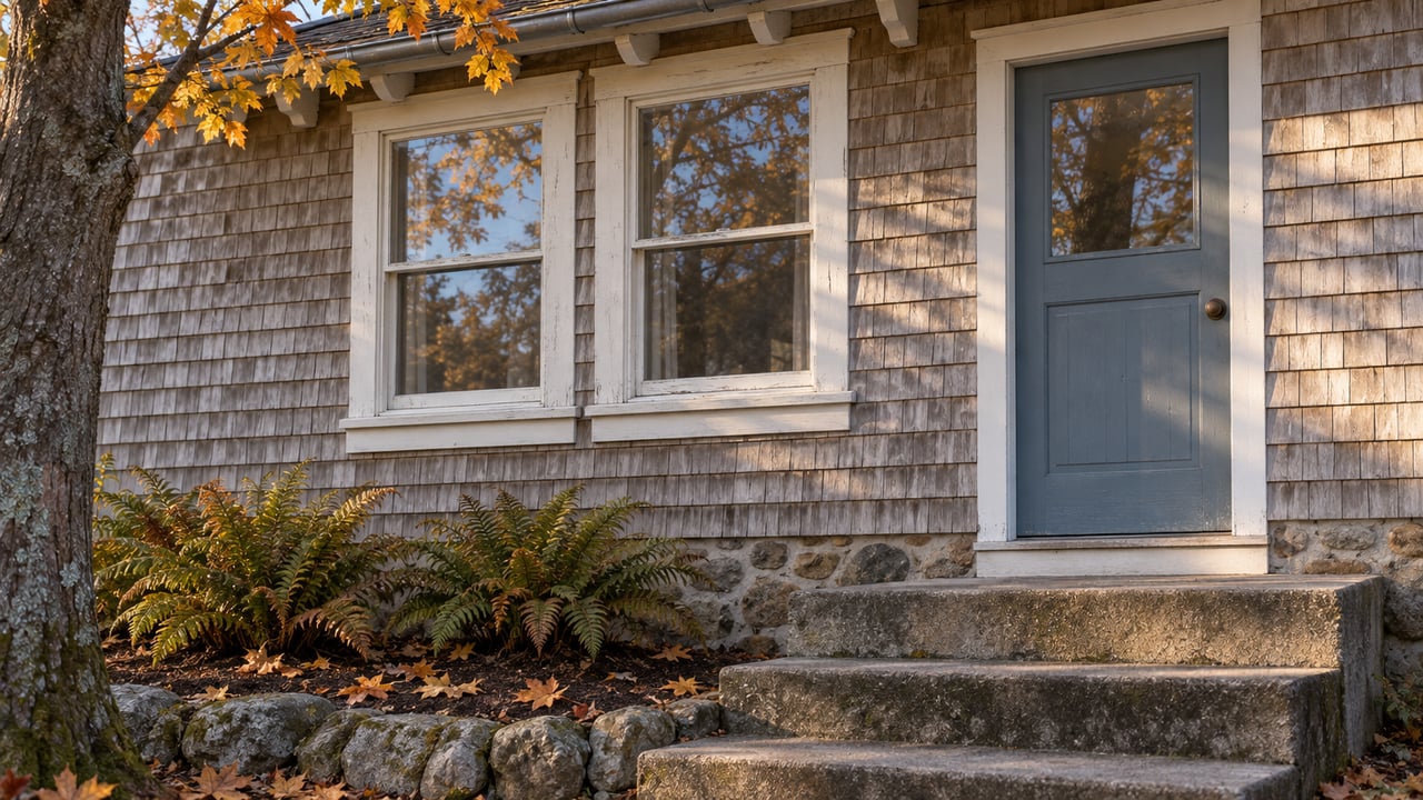 Weathered cedar cottage with white sash windows, a blue-gray door and stone foundation beside an autumn maple.