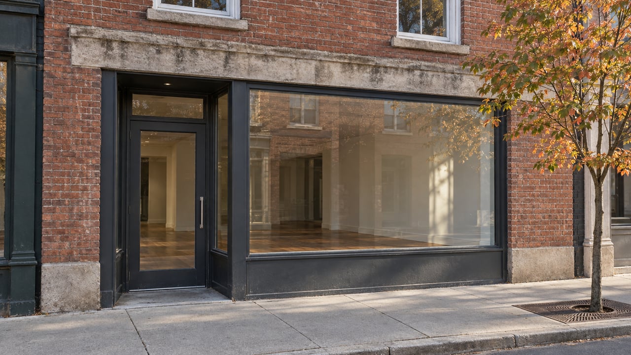 Brick storefront with white upper-story windows, steel-framed glass door and display window, and a young tree beside the sidewalk.