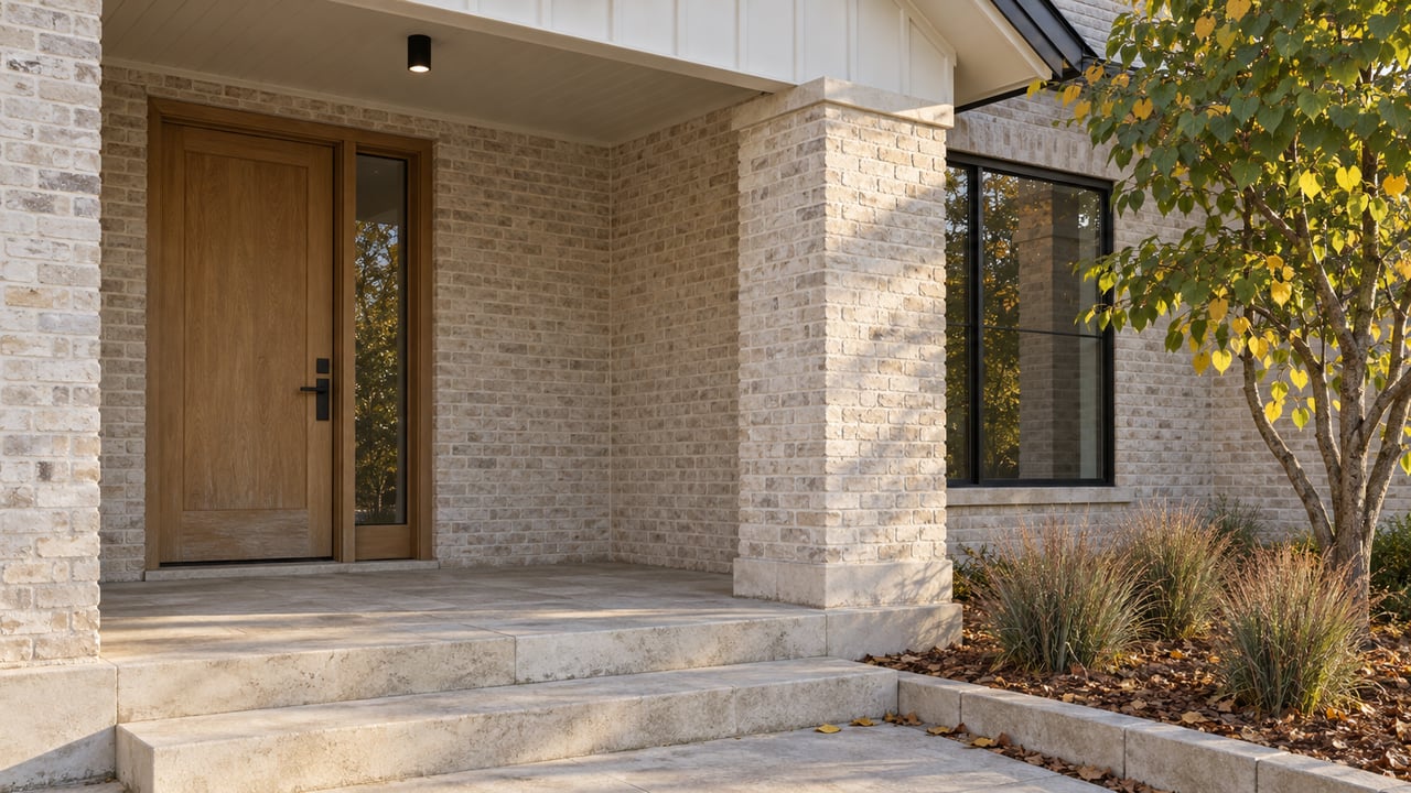 Sunlit limewashed brick porch with an oak front door, dark-framed window, limestone step and autumn redbud foliage.