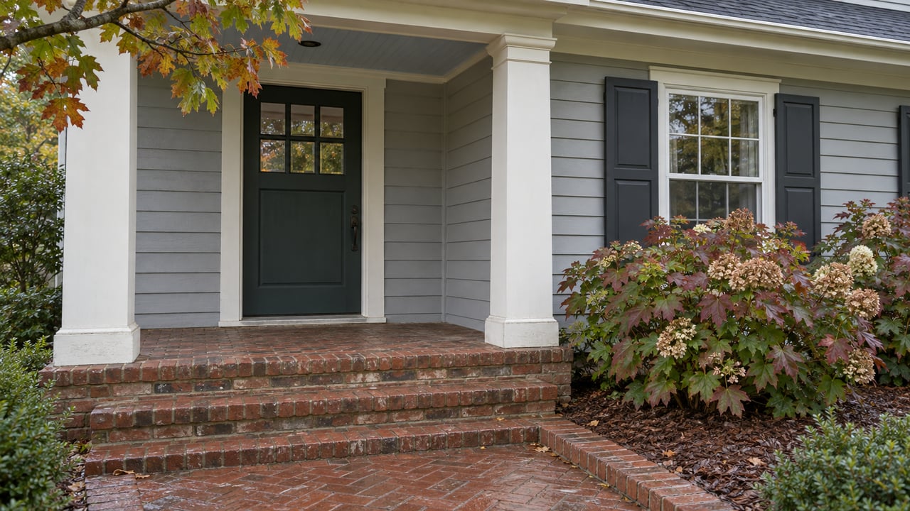 Covered entry of a pale gray traditional home with paired cream columns, a dark green glazed door, weathered brick steps and oakleaf hydrangeas.