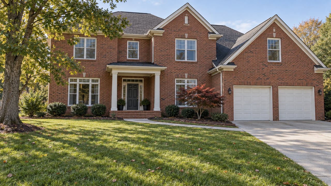 Two-story red brick home with front gables, a covered porch and double garage above a gently sloping autumn lawn.