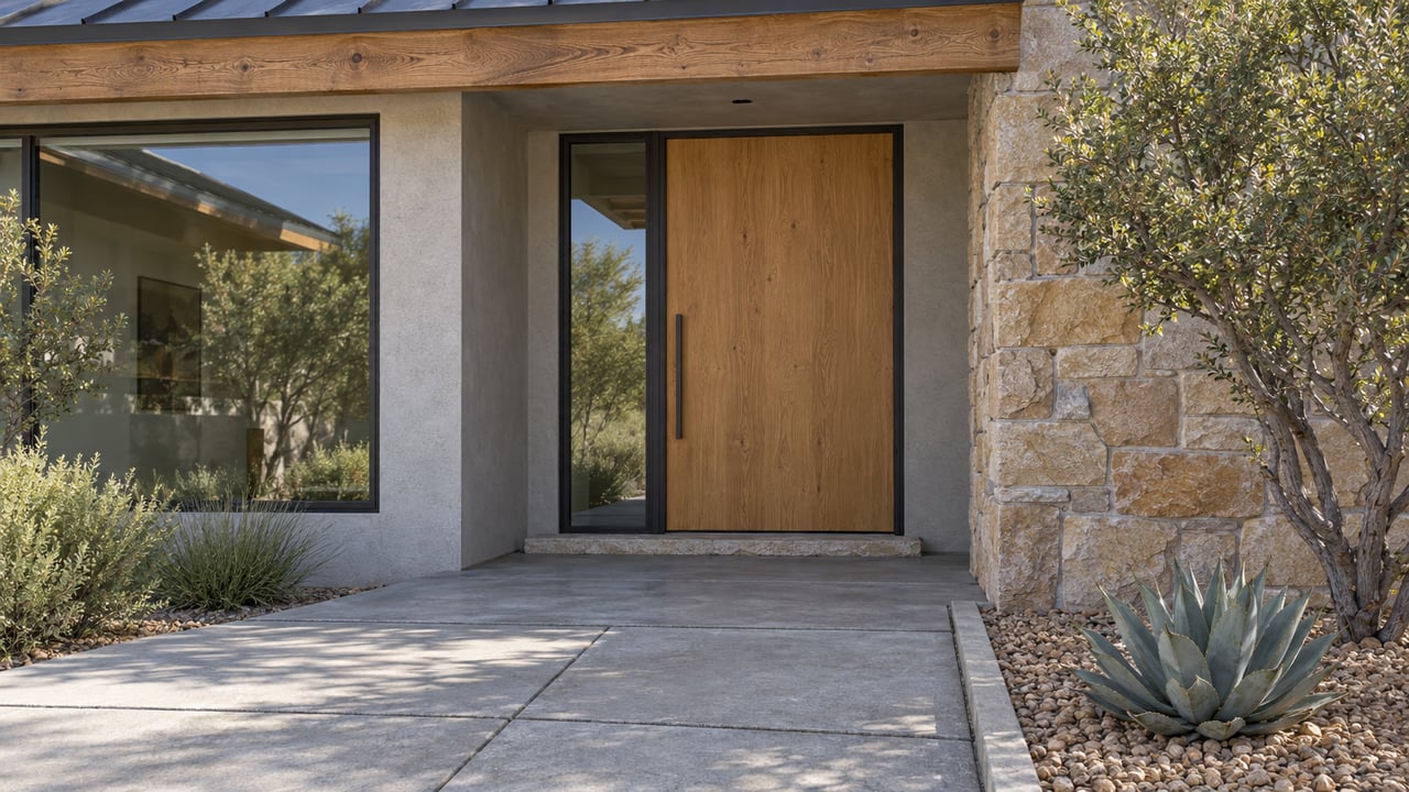 A covered entry with a warm wood door, sandstone pier, dark-framed window, and concrete approach beside a gravel bed with a sculptural agave.