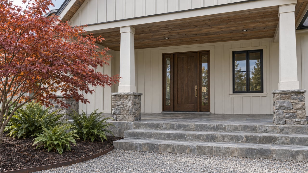 Covered entry with pale board-and-batten siding, stone steps, a copper-red Japanese maple and sword ferns.