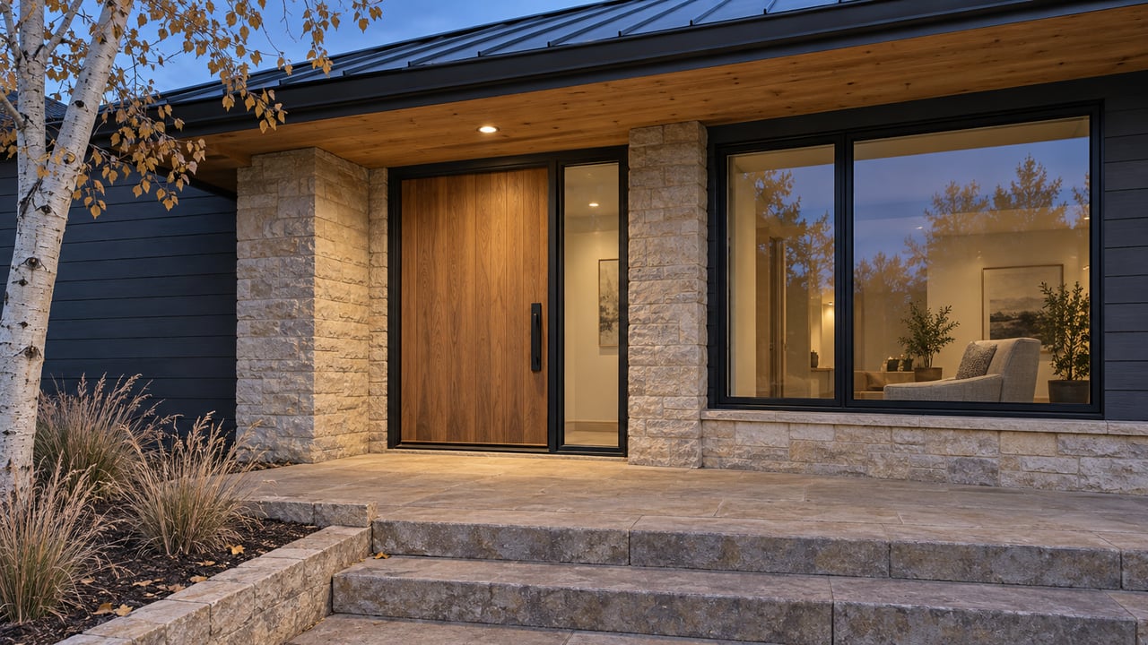 Blue-hour view of a modern home's oak entry door, pale stone recess, charcoal siding and sandstone steps beside an aspen.