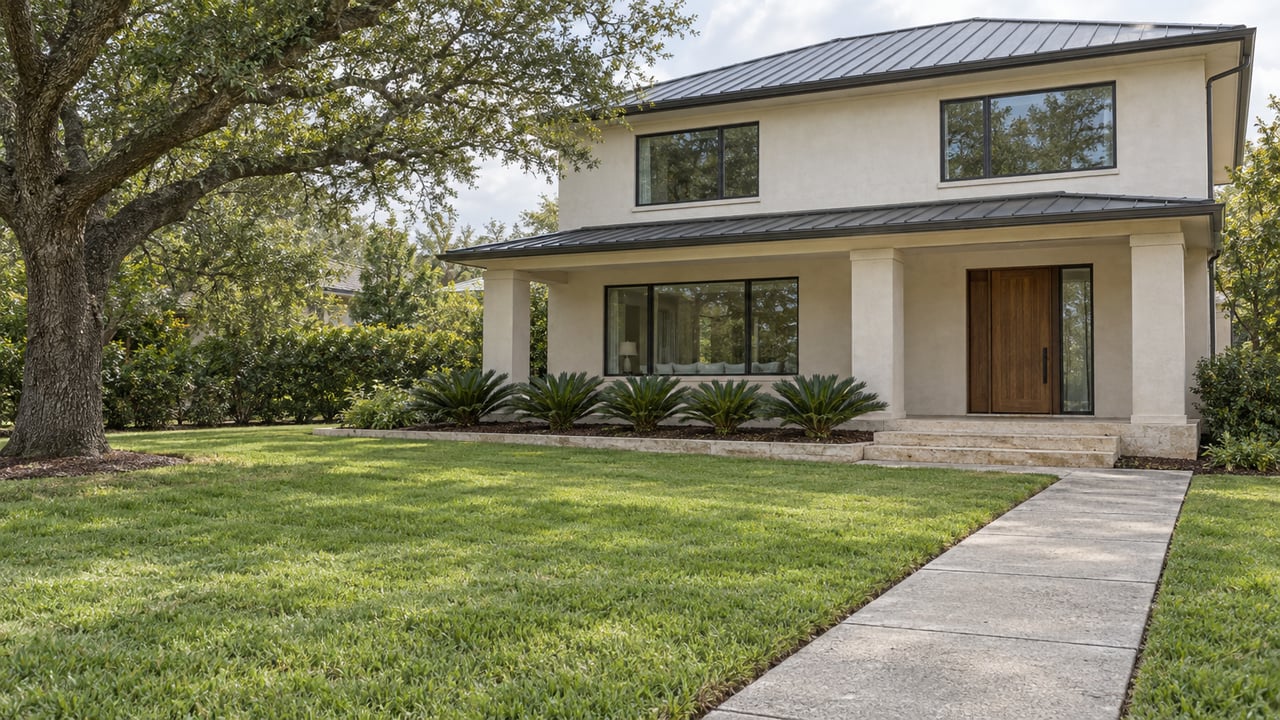 Renovated off-white stucco home behind a deep lawn, with a spreading live oak and a stone porch in soft daylight.