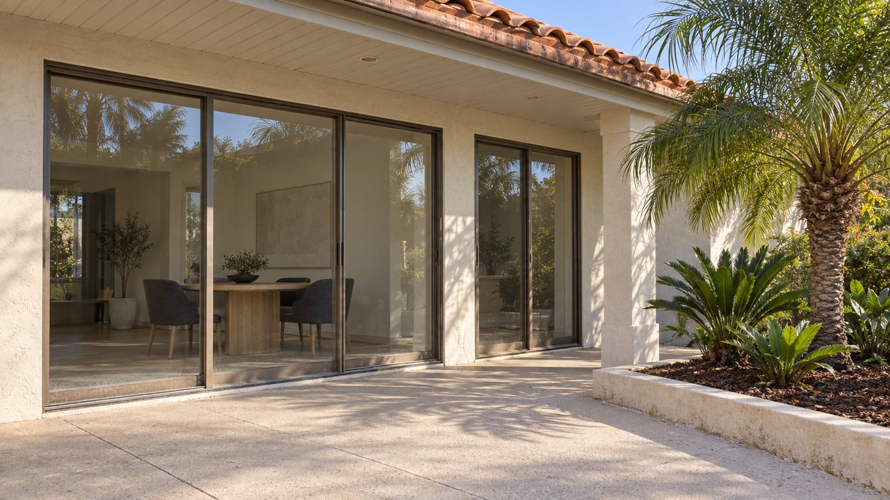Sunlit covered patio with cream stucco, terracotta roof tiles, bronze sliding glass doors and a palm in a raised planting bed.