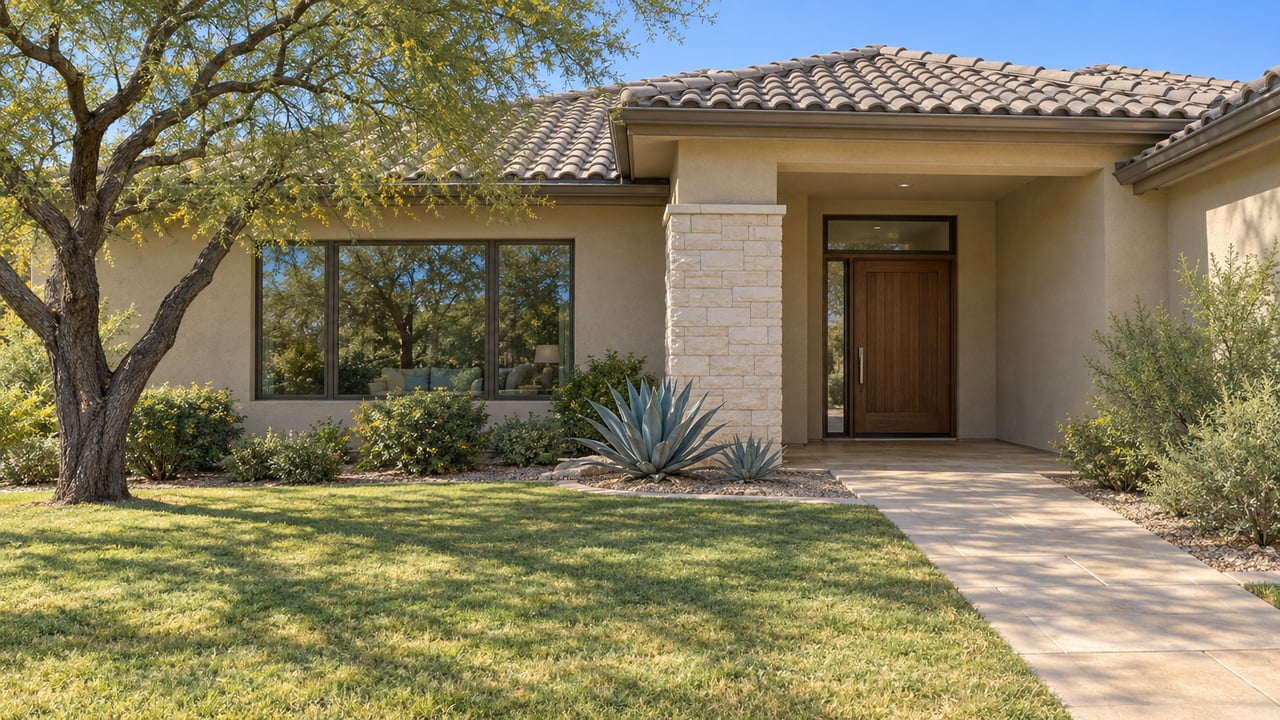 Single-story stucco home with a tiled roof, recessed wood entry, deep lawn, palo verde tree and sculptural agaves beside a stone pier.