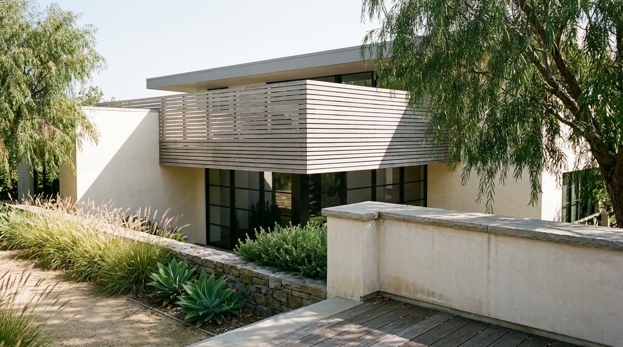 A hillside home’s cantilevered cedar-clad upper level overlooks a garden terrace and stacked-stone retaining wall.