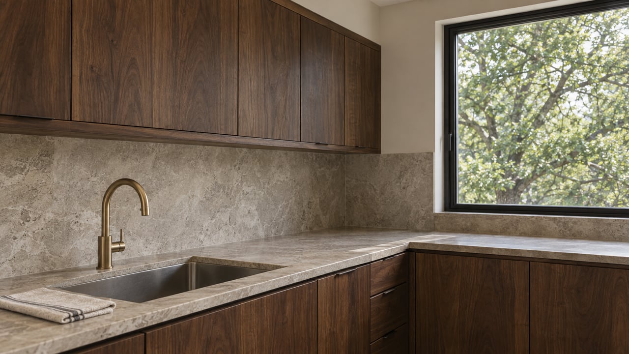 Walnut kitchen cabinetry and limestone counters beside a closed black-framed window overlooking leafy tree branches.
