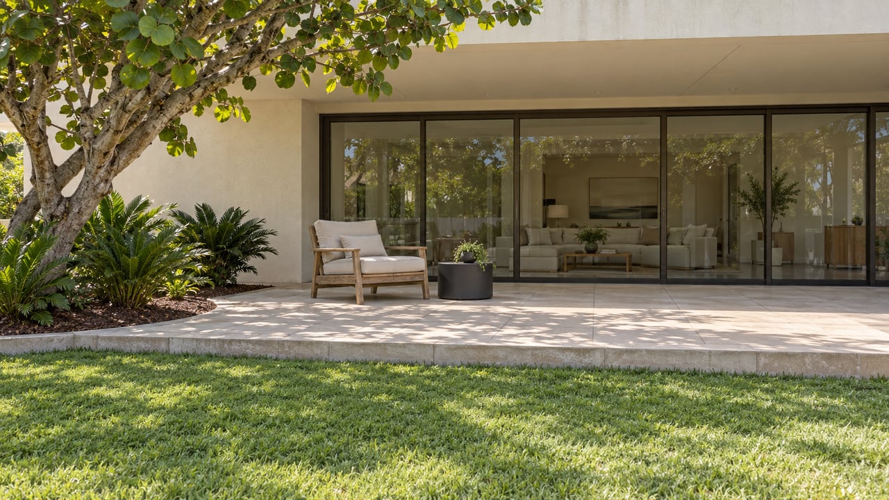 Cream stucco home with a shaded terrace, bronze-framed glass doors, a teak lounge chair and a sculptural sea grape tree beside a green lawn.