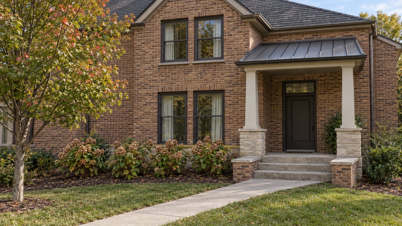 Brick attached home with dark-framed windows, a recessed covered entry and a concrete approach beside an established autumn garden.