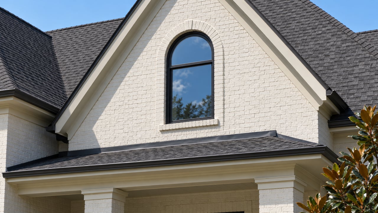 Close view of an ivory-painted brick home with a steep charcoal roof, black arched window and magnolia branches.