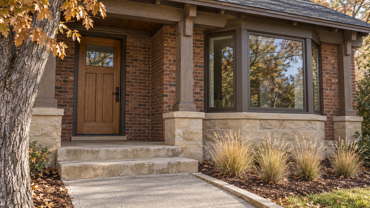 Sunlit brick bungalow entry with an oak door, dark-framed bay windows, timber porch supports and worn sandstone steps beside autumn planting.