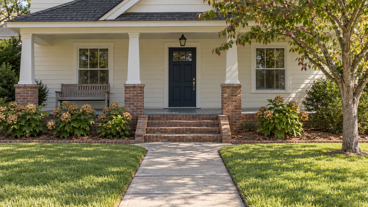 Cream lap-sided home with a blue front door, raised brick porch, lawn, and a flowering dogwood beside the walk.