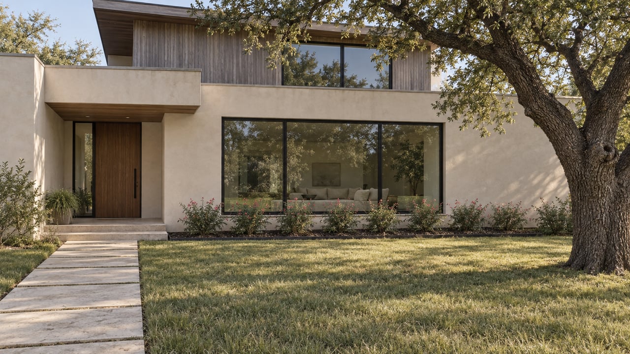 Contemporary home with cedar siding, ivory stucco and broad windows behind a deep lawn and mature live oak.
