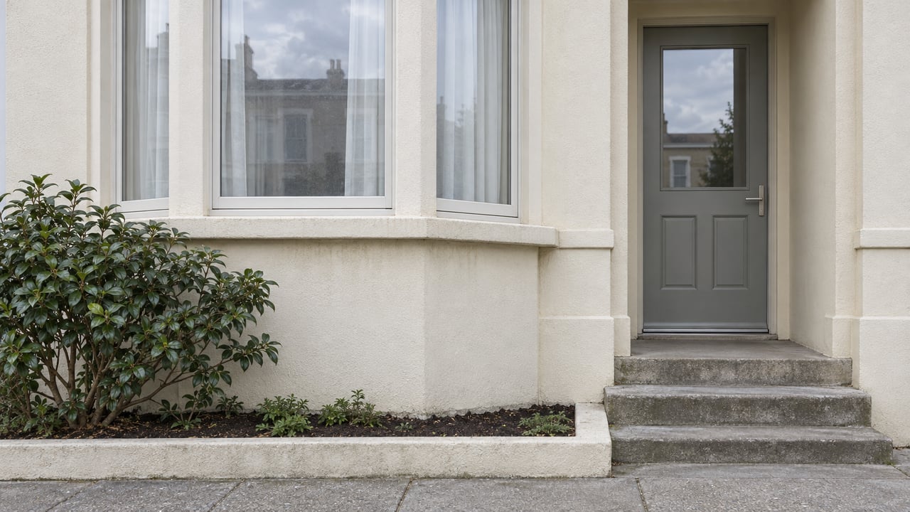 Cream stucco home with a timber-framed bay window, recessed gray door, worn concrete steps and one glossy-leaved camellia.