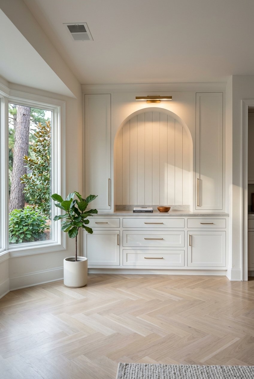 Arched built-ins frame a herringbone wood floor beside a brass sconce in window light.
