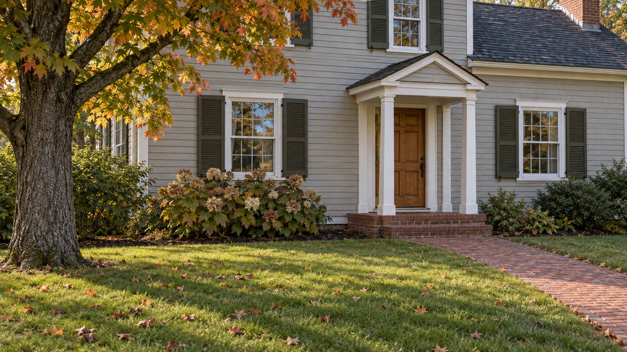 Gray house with green shutters and a columned entry, framed by an orange-leaved tree.