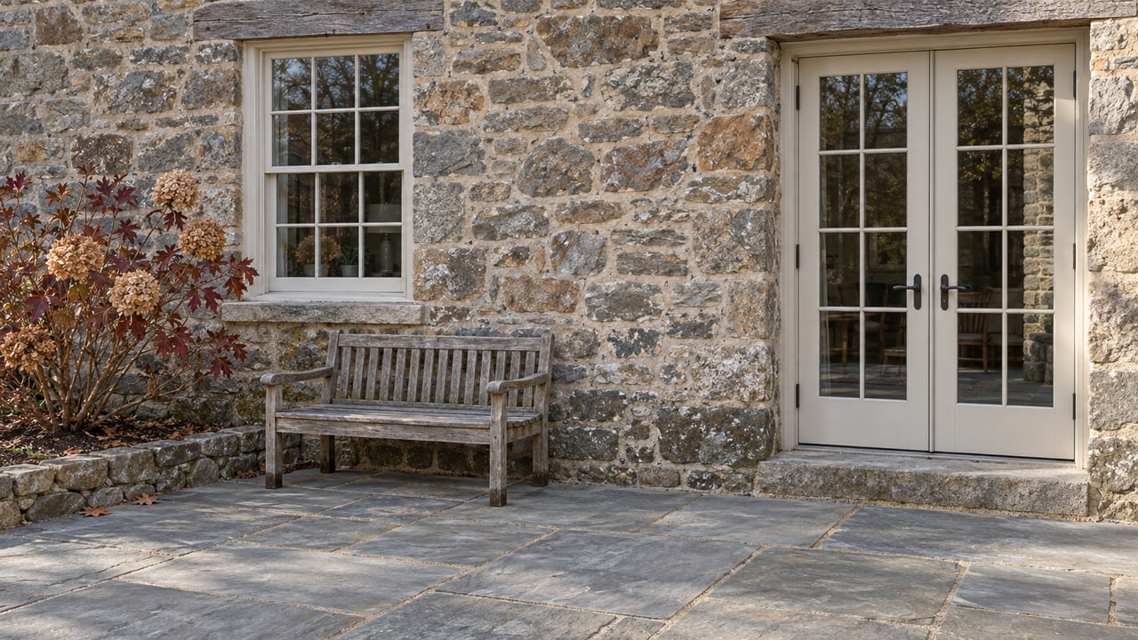 Weathered stone farmhouse terrace with cream glazed doors, a wooden bench and an oakleaf hydrangea holding dry autumn flower heads.