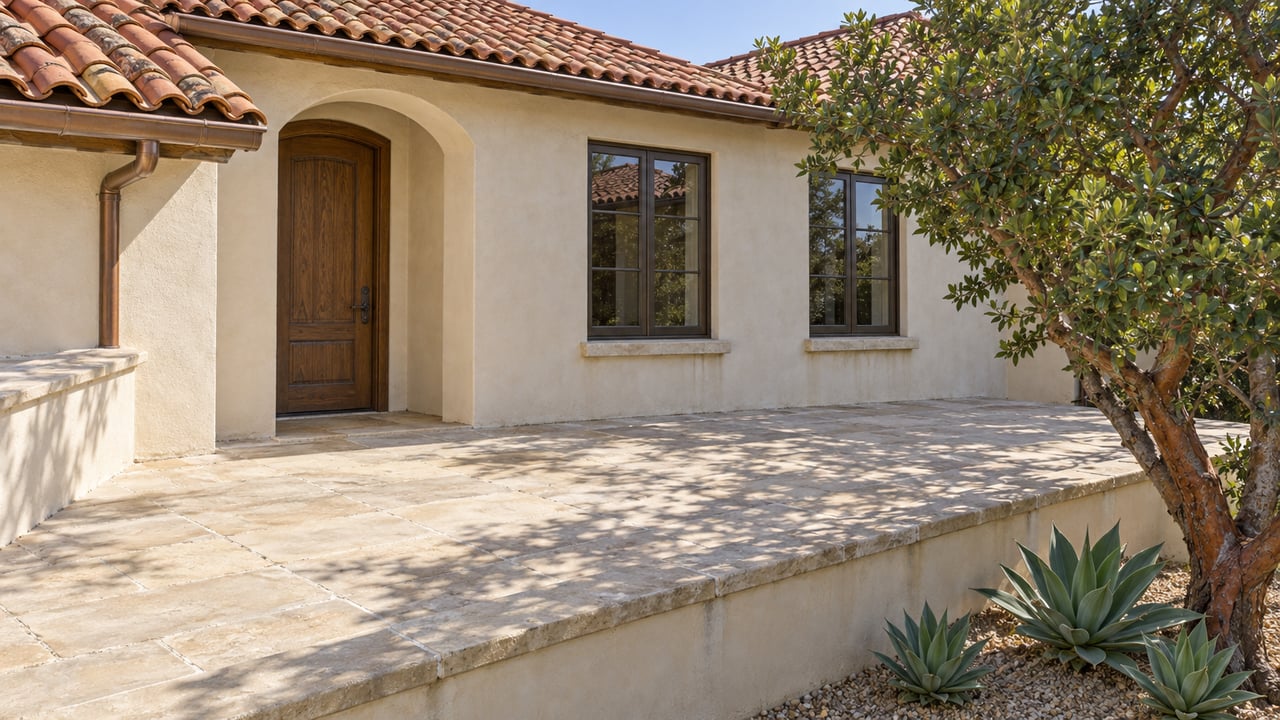 Sunlit ivory stucco home with clay roof tiles, oak entry door and limestone terrace above a planted retaining wall.