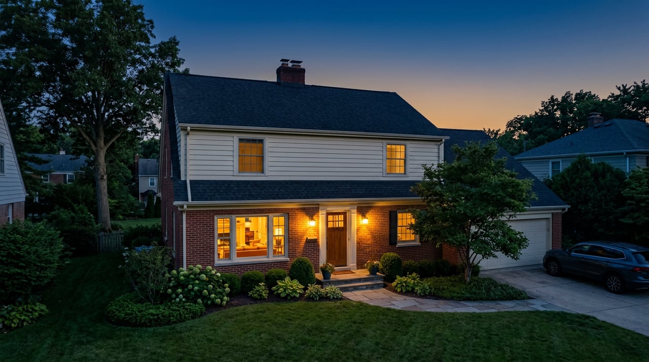Two-story suburban home at dusk, with glowing windows, entry lights, and a deep front lawn.