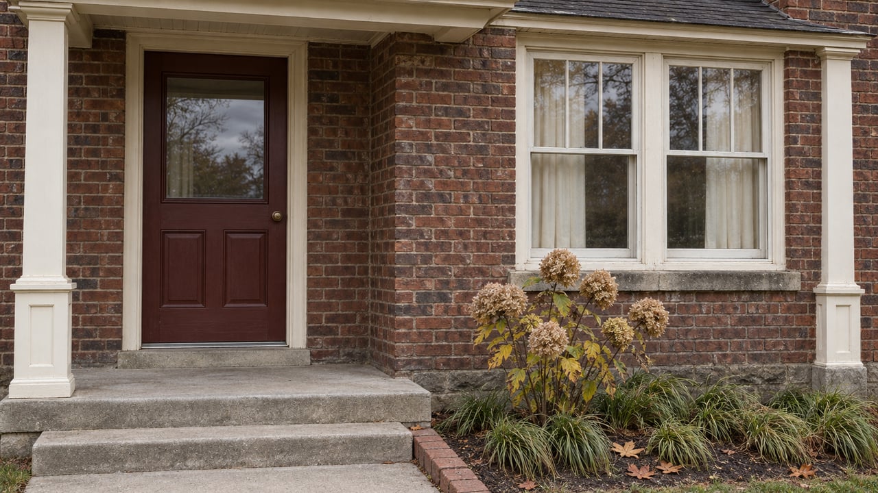 Russet brick home with an oxblood front door, ivory porch trim, tall sash window, and dry hydrangea flowers beside concrete steps.
