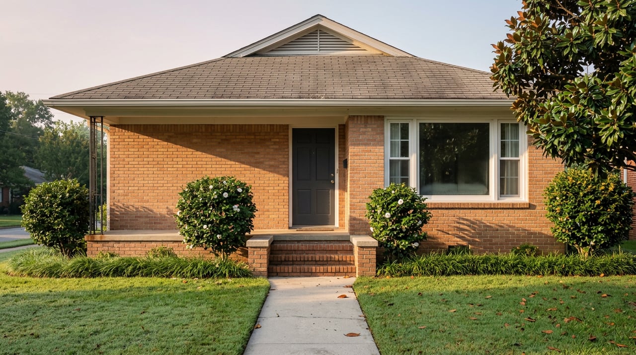 Single-story brick home with charcoal door, white picture window, brick steps, and a magnolia tree.