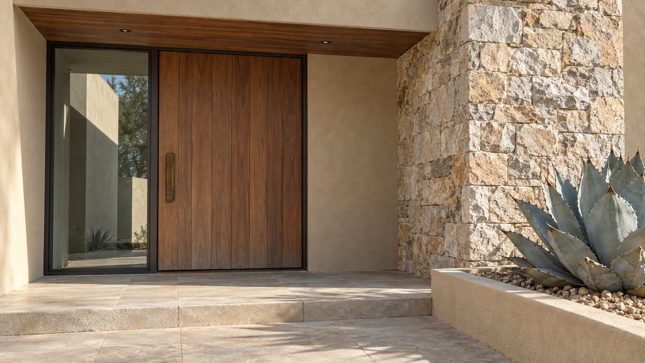 Sunlit stone pier and recessed wood front door beneath a stucco overhang, beside a raised bed with a blue-gray agave.