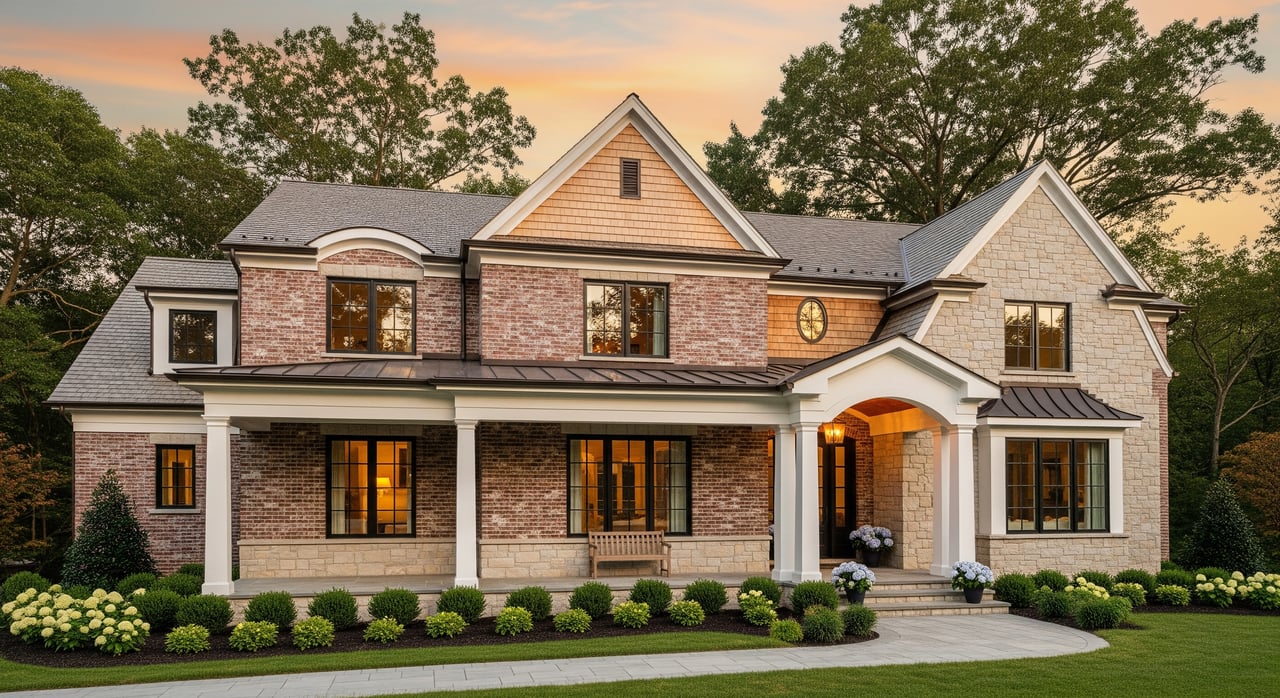 Large two-story brick and stone house with gabled roof, glowing windows, and landscaped front lawn at sunset.