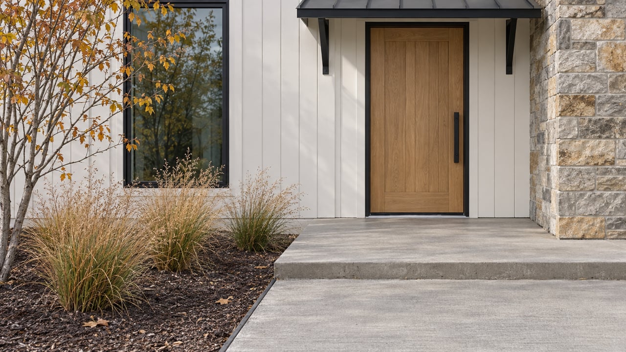 White vertical-sided home entry with an oak door, black metal canopy, stone pier, concrete steps and tawny autumn planting.