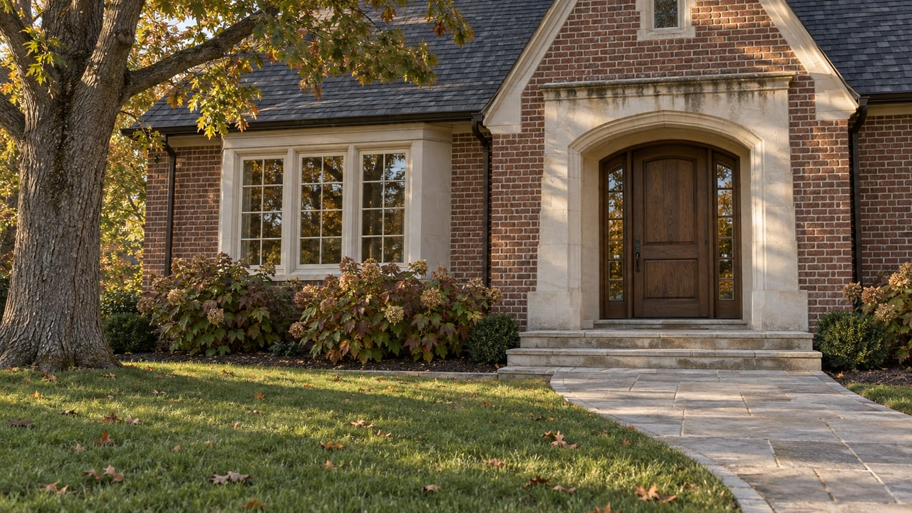 A brick home with a limestone entry, divided-light windows, and a stone walk beside an oak turning russet in autumn.