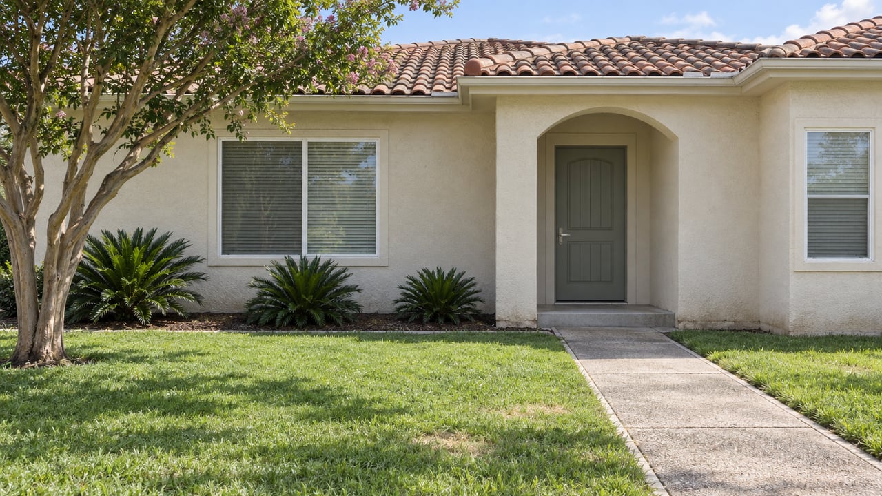 Sunlit stucco home with a terracotta tile roof, recessed arched entry and a concrete path crossing a green front lawn.