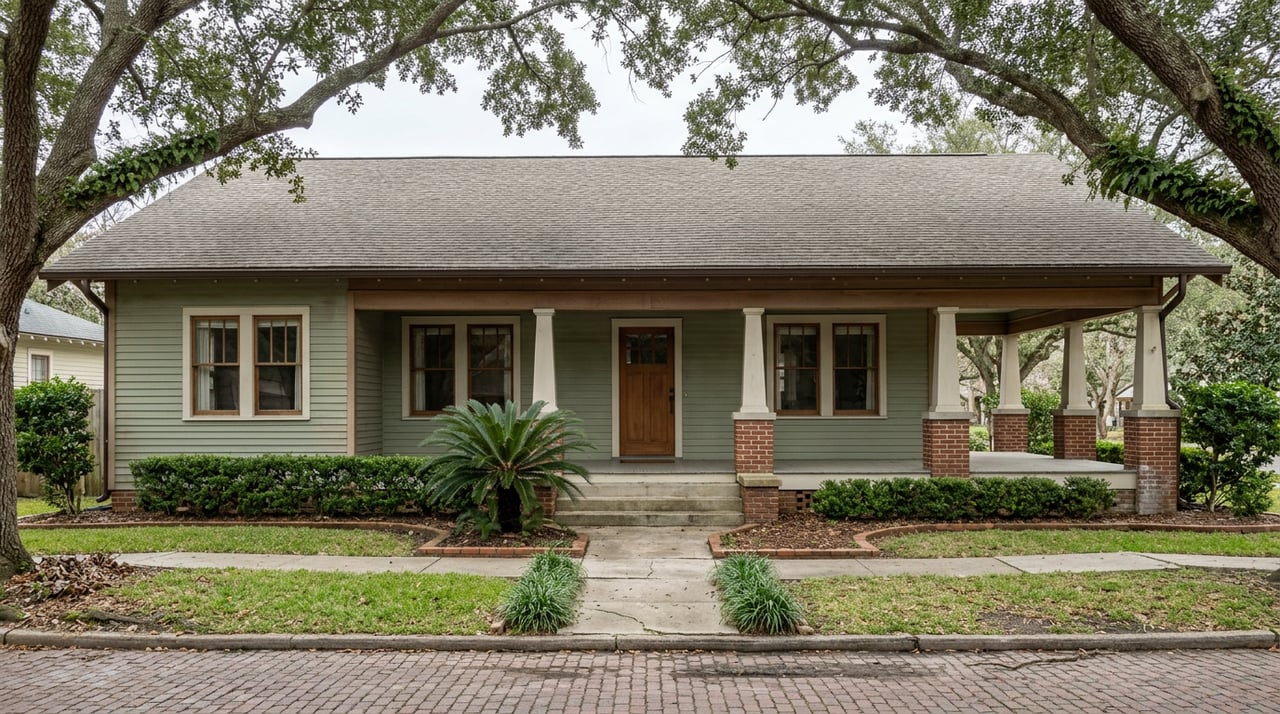 Sage-green Craftsman bungalow with a full-width porch, framed by live oaks and fronted by a brick-paved street.