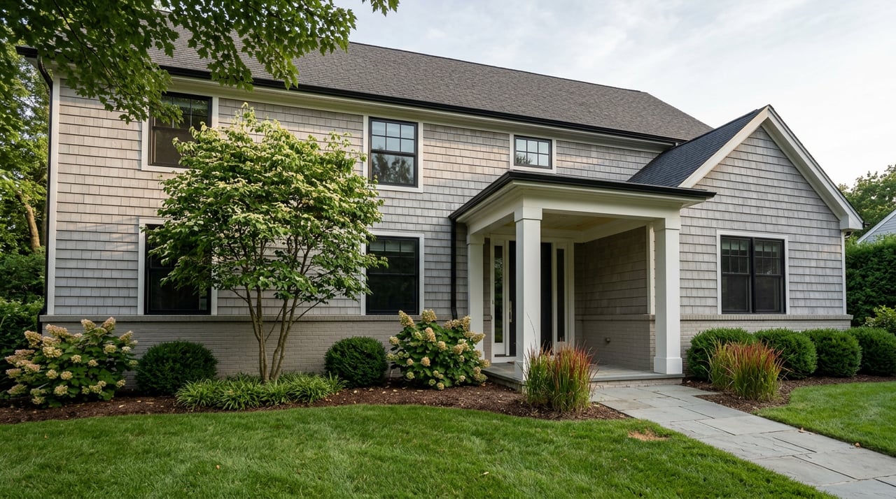 Two-story gray-shingled home with a white-columned portico, bluestone walk, and clipped foundation shrubs.