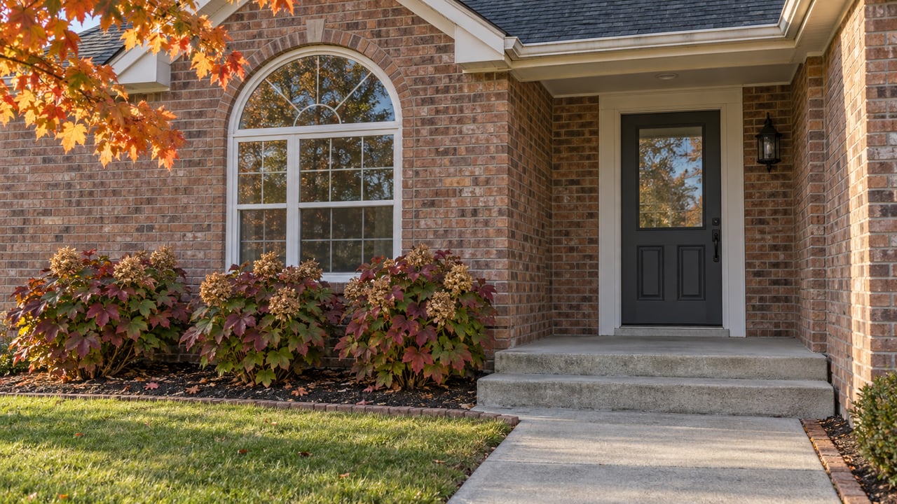 Autumn light on a russet brick home with an arched window, sheltered charcoal front door, concrete porch steps and oakleaf hydrangeas.