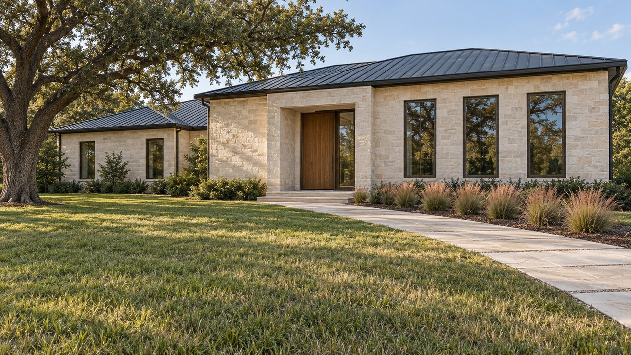 Expansive lawn leading to a limestone home with bronze-framed windows, a recessed oak entrance, and a mature spreading oak.