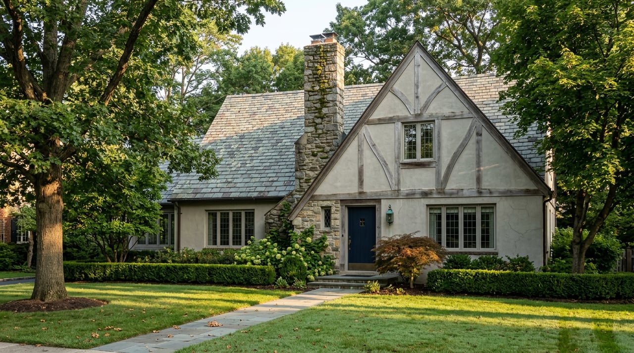 Tudor home with half-timbered gable, stone chimney, clipped hedge, and bluestone path across lawn.
