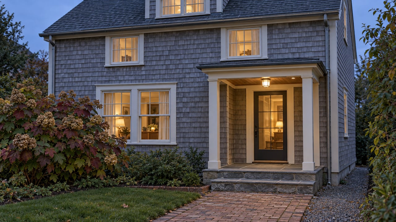 Gray cedar-shingle home with warm windows, an illuminated covered entry, bluestone steps and autumn oakleaf hydrangea.