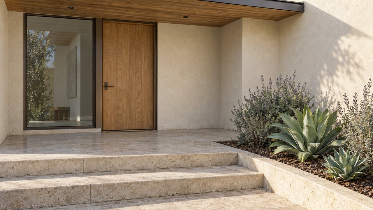 Recessed oak front door beneath a timber soffit, with pale limestone steps and a planted bed of agave and sage.