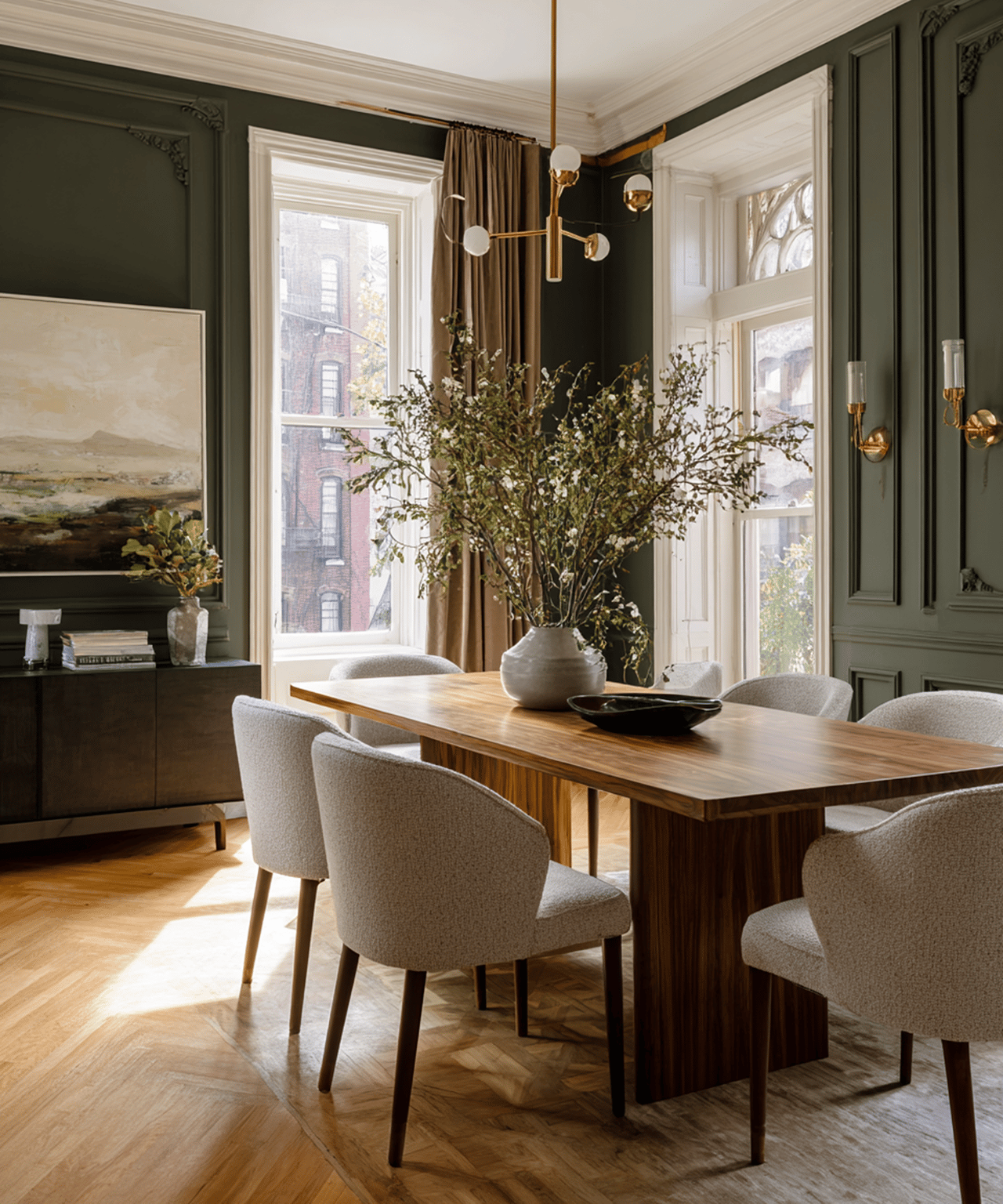 Dining room with dark green paneled walls, tall windows, and a wooden table surrounded by upholstered chairs.