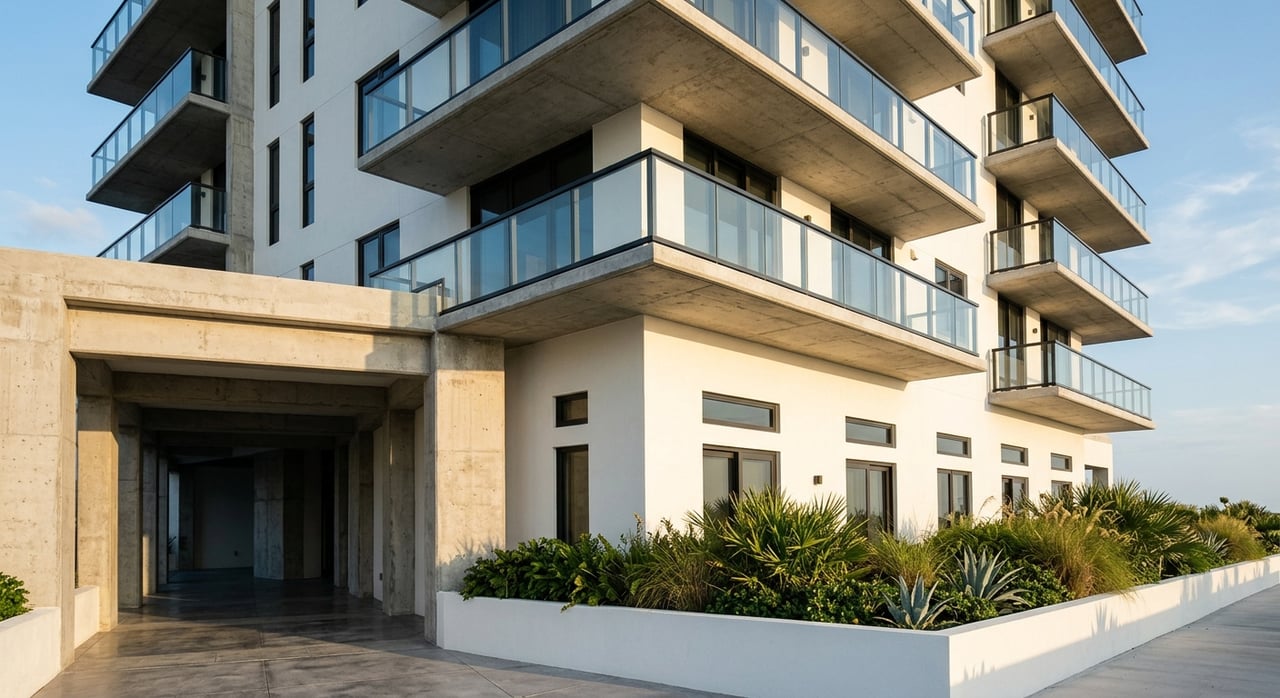 Concrete condo corner with stacked balconies, black railings, impact windows, and tropical plants.