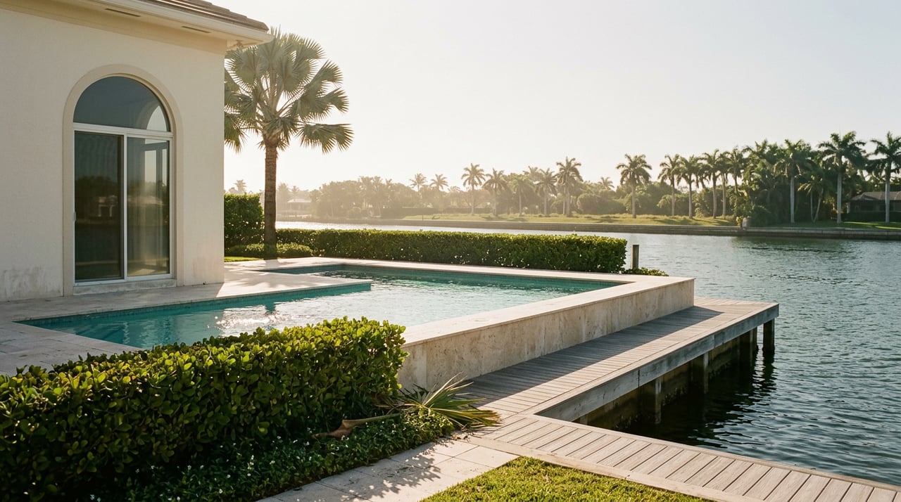 A waterfront terrace with a turquoise pool, white stucco facade, single palm, and canal beyond.