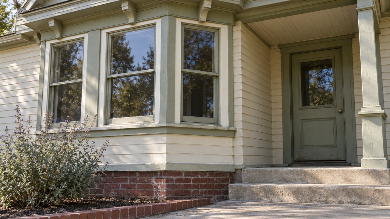 Morning light on an older home's ivory wood siding, sage-trimmed bay window, brick foundation, and covered entry.