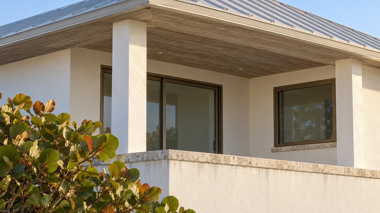 Sunlight crosses the white stucco porch and limestone cap of an elevated home beneath a weathered wood soffit, with sea grape leaves at one corner.