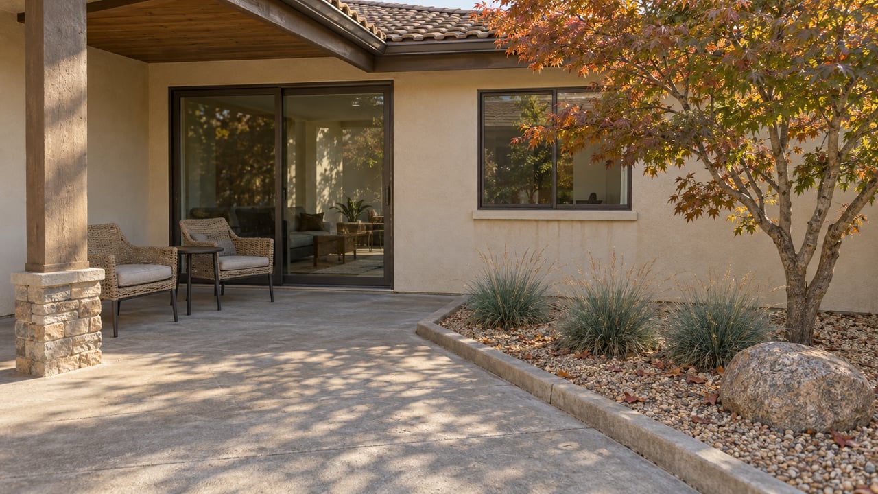 Covered patio beside a cream-stucco home, with outdoor chairs and an autumn maple in a gravel garden.