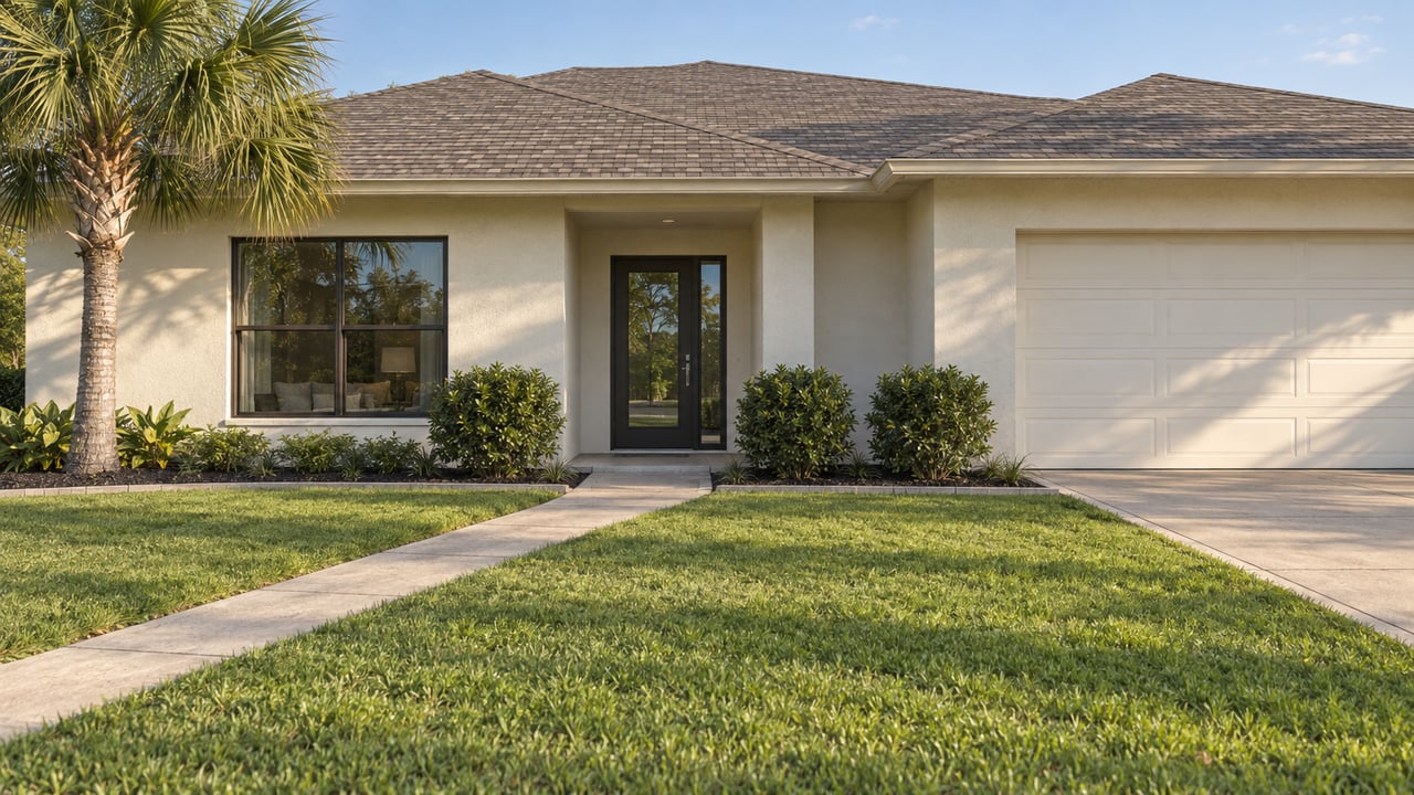 Single-story cream stucco home behind a broad lawn, with diagonal walkway, palm, and two-car garage.