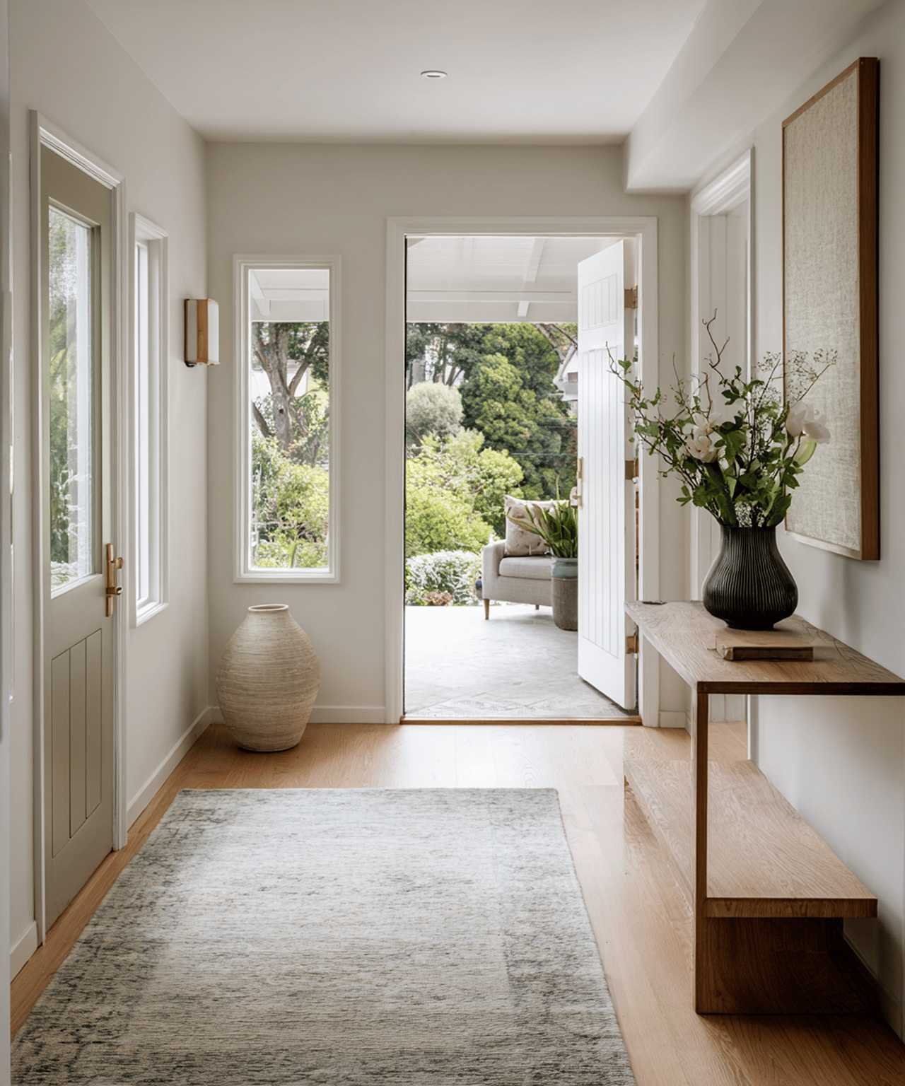 Bright entryway with a neutral rug and console table; open front door looks onto a leafy garden.