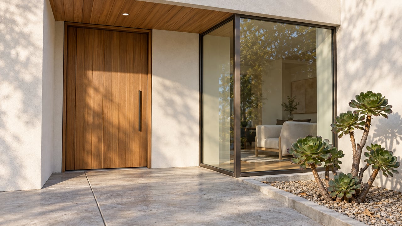 Close view of a pale stucco home's cedar entrance and glazed corner above a concrete landing and a small aeonium planting bed.